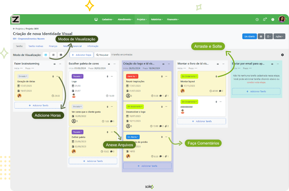 Tela do Projeto do Sole com as tarefas em Kanban.
