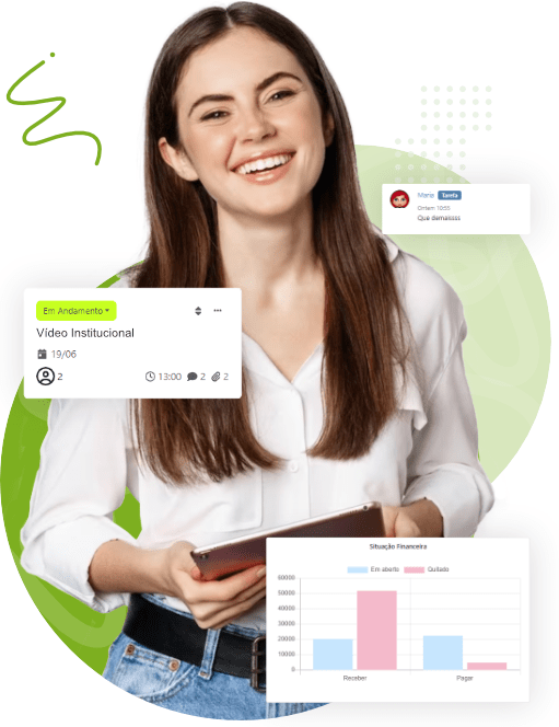 Jovem sorridente trabalhando no tablet e partes do sistema Sole.