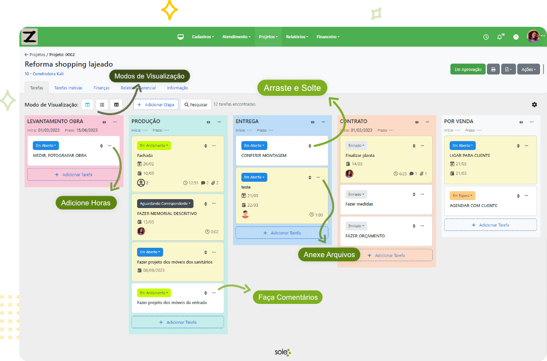 Tela do Projeto do Sole com as tarefas em Kanban.
