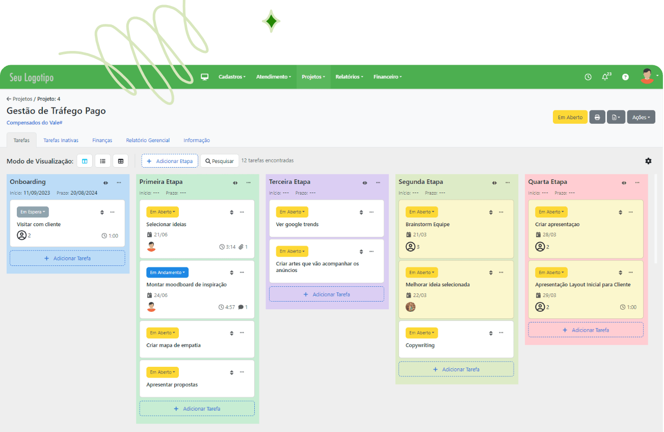 Laptop com a tela dos projetos em forma de Kanban do Sistema Sole